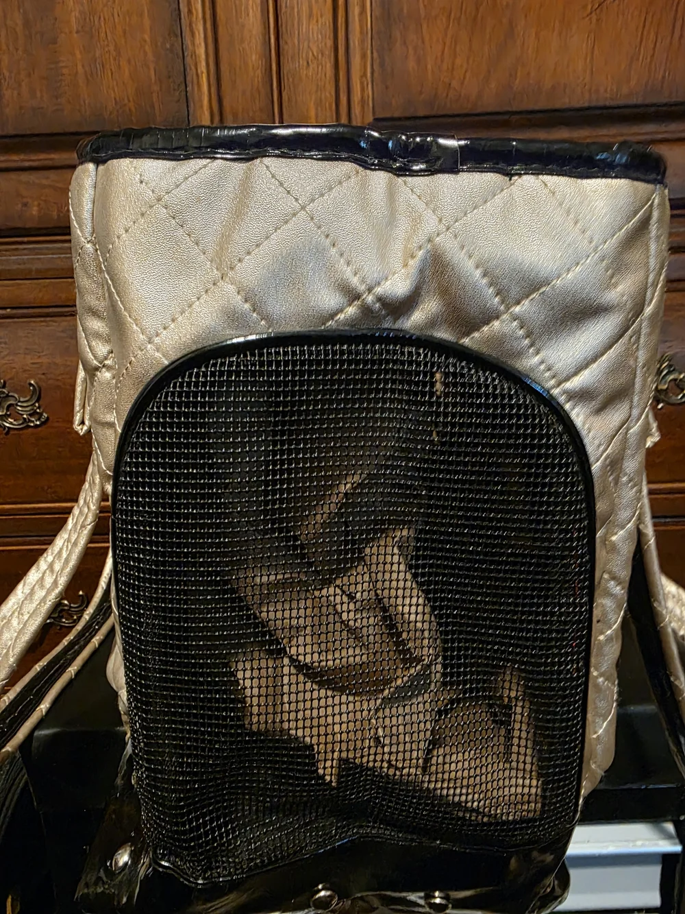 Max Studio Quilted Metallic Beige Tote with Black Trim